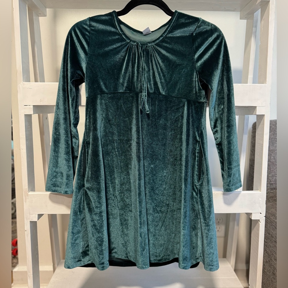 Old Navy Girls Green Velvet Long Sleeve Dress (L 10-12)